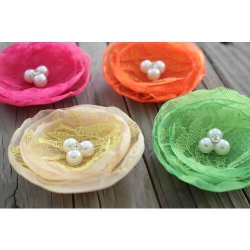 Burned Organza with lace Flowers, peal crystal in center Romantic Fabric Hair flower perfect for /Girl/bride