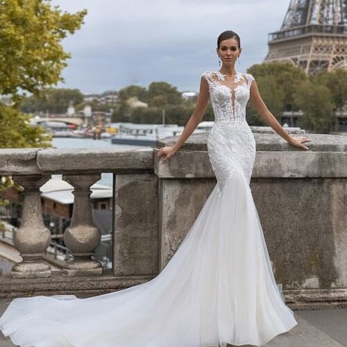 Graceful Mermaid Wedding Dress O Neck Appliques Tulle Vestido De Noiva Illusion Back Summer Beach Bridal Gowns