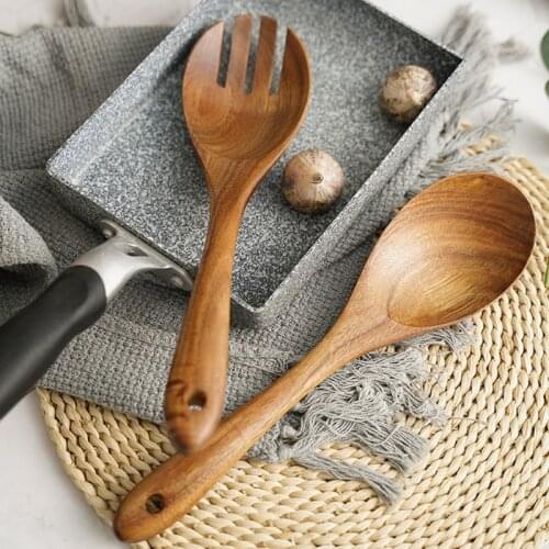 2Pcs Wooden Salad Servers Spoon and Fork Set Long Handle Large Dinner Soup Serving Cooking Untensils Cutlery Tableware