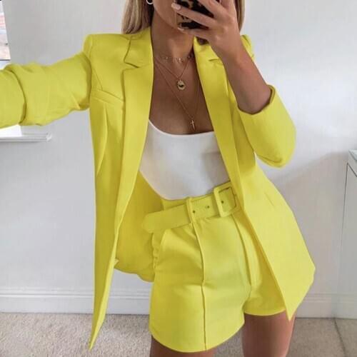 Yellow Pink Orange Formal Set Office Coat Shorts Womens Candy Colour Basic Blazer Coat +Pants Slim Suit Jacket Blazer Set