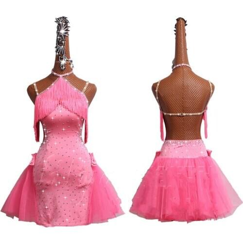New Style Latin Dance Dress Performance Costume Womens High-end Custom Sexy Pink Fringed Latin Dance Competition Clothing