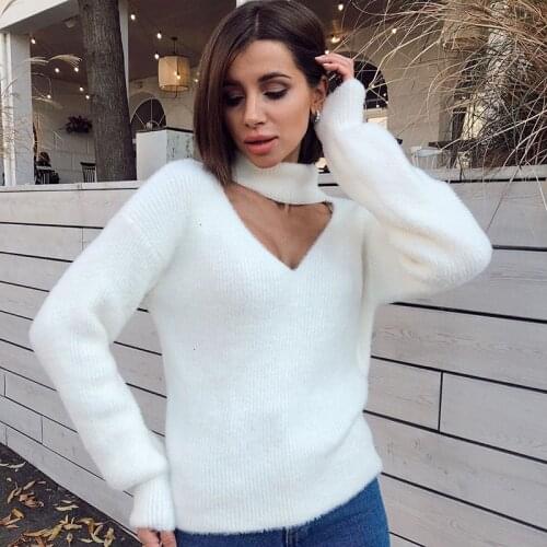 MEIYANGYOUNG V Neck Fluffy Knitted Sweater Women White Pullover Jumper Sweater Oversized Winter Clothes Womens Sweaters 2019
