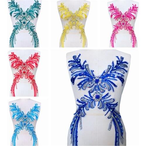 Handmade color Hot drilling Rhinestone lace embroidery patch applique wedding dress bordados DIY Performance clothing