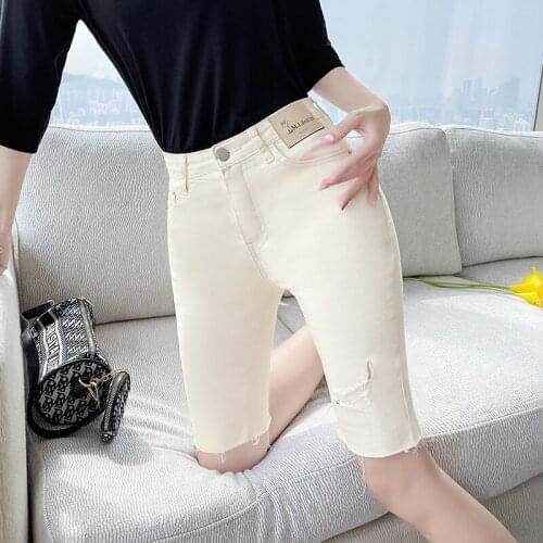 Chic High Waist Denim Blue Shorts Streetwear Ripped Edges Women Skinny Hot Holes Jeans 2021 Summer Half Pants P066