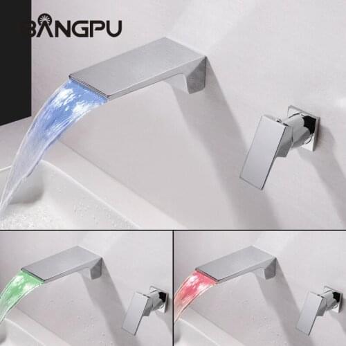 BANGPU LED Bathroom Basin Faucet Wall Mounted Sink Faucet With Waterfall Spout Single Handle Basin Faucet Solid Brass (Chrome)