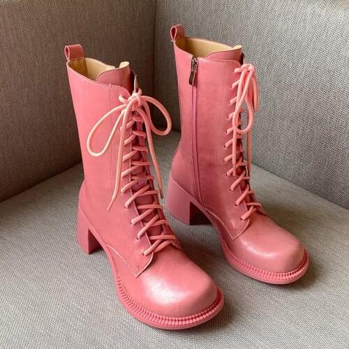 Leather Chunky Heels Womens Boots High Heels Round Toe Ankle Boots Zipper Solid Botas Retro Party Shoes for Women Boots New