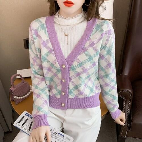 Sweater Cardigan Women Short Color Matching Rhombus Plaid Sweater Women Autumn and Winter New V-neck Sweater Cardigan Jacket