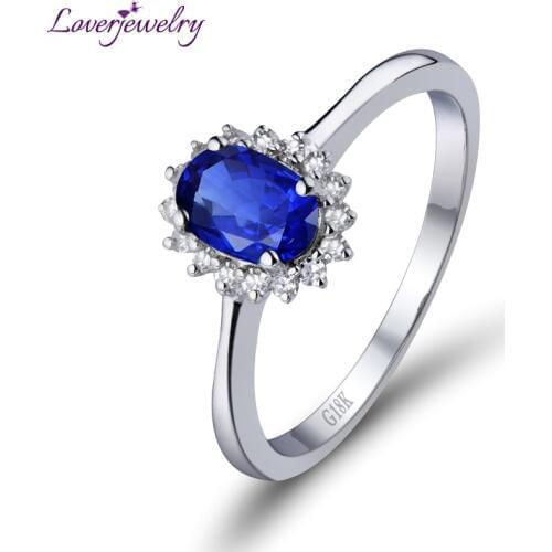 LOVERJEWELRY Sapphire Rings For Women Solid 18Kt White Gold Natural Blue Sapphire Diamonds Engagement Valentines Day Ring Gifts