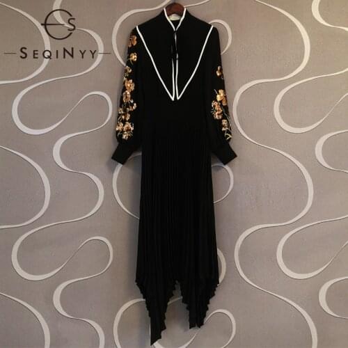 SEQINYY Black Elegant Dress Summer Spring New Fashion Design Women Runway Golden Sequined Embroidery Pleated Midi