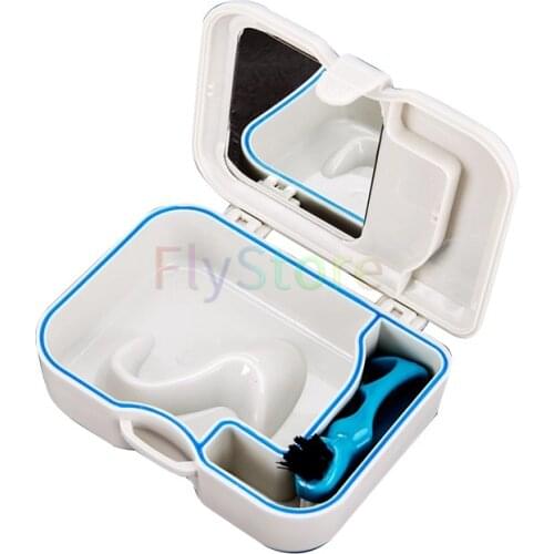 1 Set Denture False Teeth Storage Box Case With Mirror And Clean Brush Artificial Dental Appliance Travel Outdoor Supply