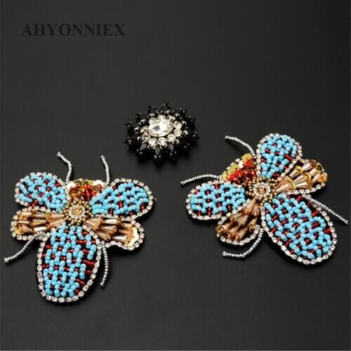 AHYONNIEX 1PC Blue Insect butterfly dragonfly beaded Patches for Clothing sew on rhinestone sequins parches Appliques Decoration