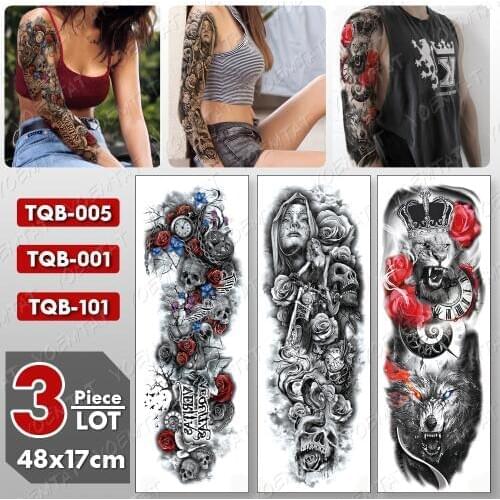 3 pcs/lot Large Arm Sleeve Tattoo Lion Crown Wolf Waterproof Temporary Tatto Sticker Skull Body Art Full Fake Tatoo Women Men