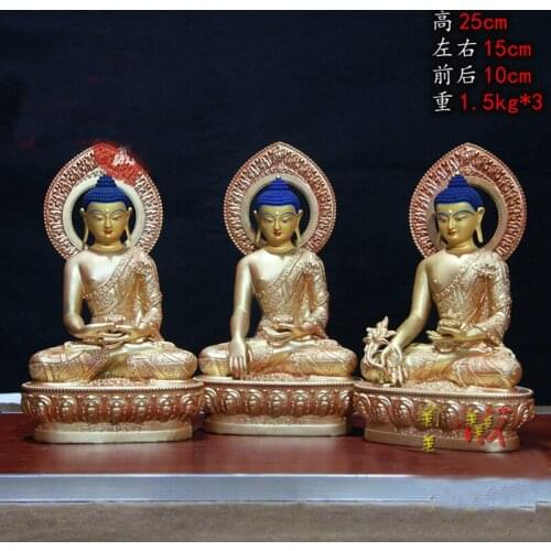 3P Buddhism Nepal Tibet temple HOME high grade gilded copper Sakyamuni Amitabha Medicine 3 Buddhas statue safe health good luck