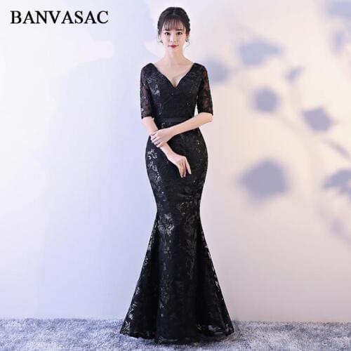 BANVASAC 2018 V Neck Sequined Mermaid Long Evening Dresses Party Lace Embroidery Half Sleeve Sash Backless Prom Gowns