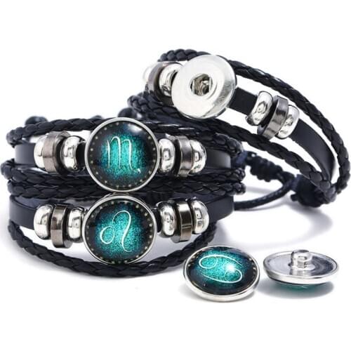 Fashion Constellation Zodiac Sign Black Leather Bracelet Wristbands Scorpion Leo Libra Luminous Charm Bangle Punk Unisex Jewelry