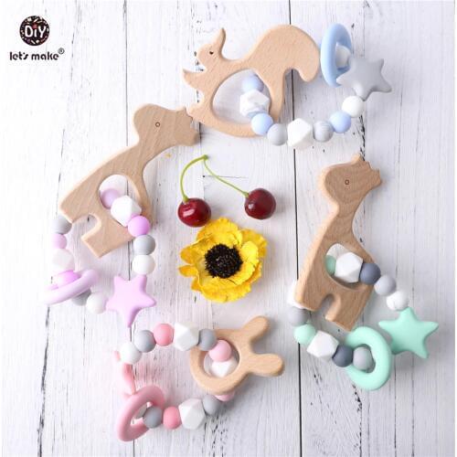 Lets Make Baby Teether 1pc Bracelet Food Grade Giraffe Beech Wood Teether Cute Star BPA Free Silicone Beads Teething Toys Gifts