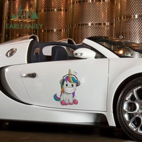 EARLFAMILY 43cm x 31.4cm for Cute Unicorn Listening To Music Vinyl Car Stickers Surfboard Decal Waterproof Sunscreen Car Styling