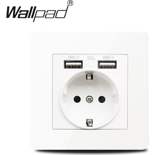 EU USB Socket Stainless Steel Panel Wallpad White 16A German EU Standard 220V Eectrical Outlet with 2 USB Charging Ports