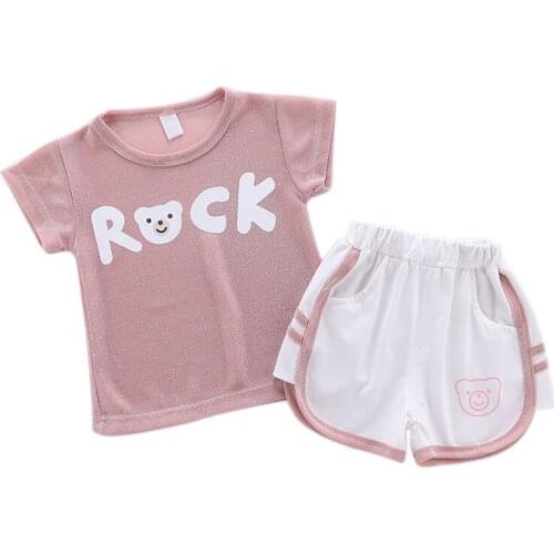 Summer Clothes Cartoon Letter Printing Short Sleeves T-shirt + Bear Shorts 2 Pieces Suit Soft Casual Comfortable Kids Clothing