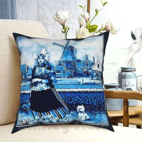 Dutch Blue Delft : Vintage Windmill , Young Girl , Dog And Tulips Print Pillow Case Printed Home Soft Throw Pillow Dutch