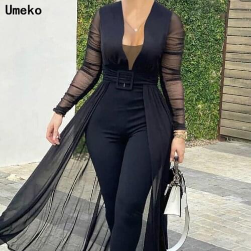 Women Solid Mesh Deep V-neck Belted Jumpsuits Skinny Rompers See Through Transparent Long Sleeve Sexy Plus Size Bodysuit Overall