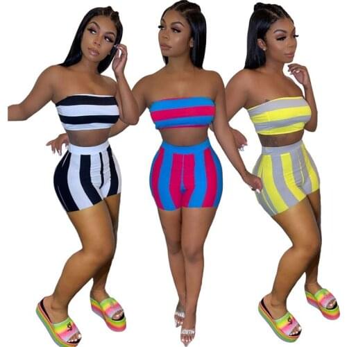 Custom Logo Strapless Crop Top kadin setleri Striped Lady Womens 2 Piece Two Piece Set 2021 Women Clothing