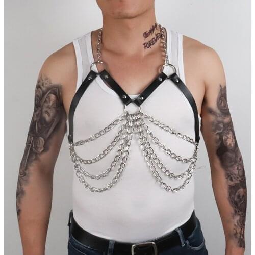 Men Adjustable PU Leather Erotic Lingerie Night Party Clubwear Harness Punk Gothic Metal Chain Haler Body Shoulder Chest Belt
