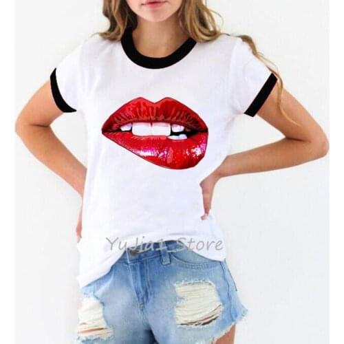 New arrival 2021 red lips t shirt camiseta mujer tshirt femme korean style clothes oversized shirt white female t-shirt