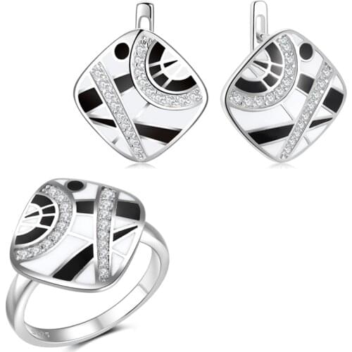OGULEE New Exquisite Ladies Ring Earrings Jewelry Set 925 Silver Handmade Enamel Black White Elegant Jewelry Wedding Party Gifts
