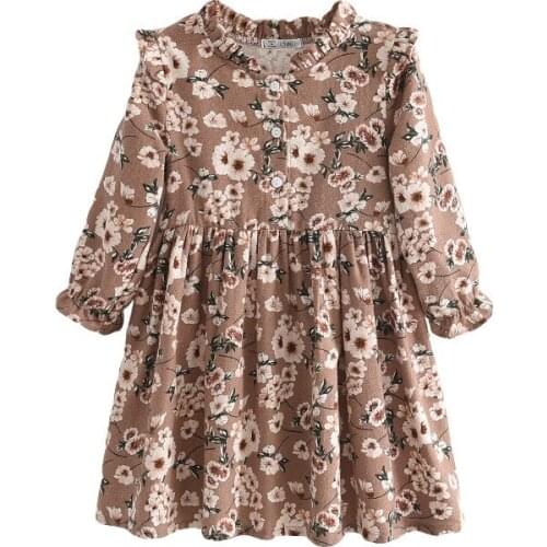 Girls Dress for Fall 2021 Stand-up Collar Long-sleeve Flower Print Dress Kids Clothes Girls Lantern Sleeve Dresses Clothing