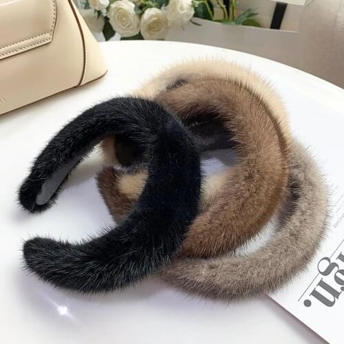 Womens girls genuine mink fur hairband headband headwear head band furry fluffy brown black beige gray 2021 fashion