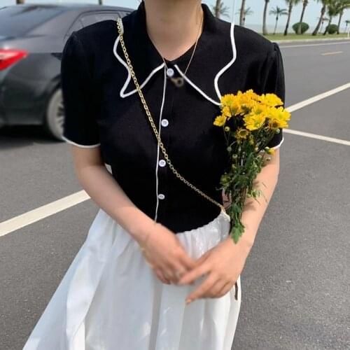 Summer Femme Polo Shirts College Style Versatile Thin Lapel Slim Fit Short Sleeve Short Knitted Cardigan Camisas De Mujer