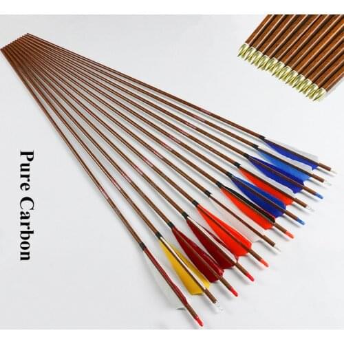 12pcs Archery Wood Skin 100% Pure Carbon Arrows Spine450 Turkey Fletching for Compound Bow Arrows traditional bow Hunting