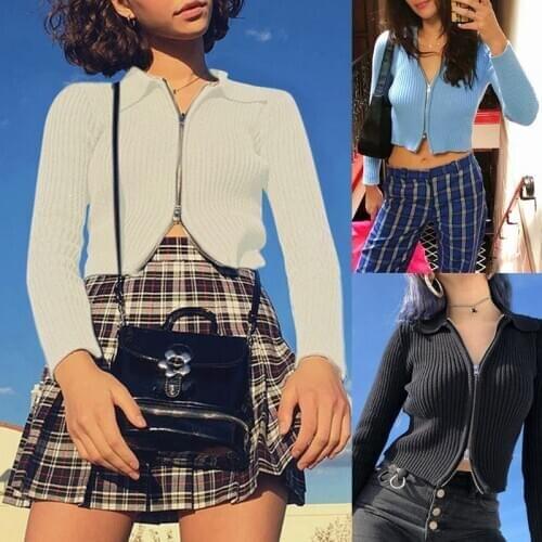 Womens Autumn Long Sleeve Ribbed Knit Sweater Two-Way Zipper Sexy Bodycon Crop Top Solid Color Lapel Collar Coat