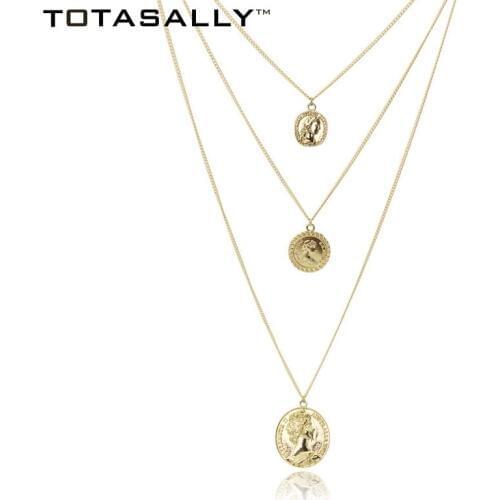 TOTASALLY Coins Necklaces Fashion Hot Multichain Queen Head Half Penny Pendants Necklaces for women Alloy Pattern Mujer Bijoux