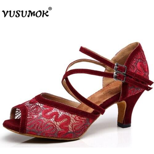 VUSUMOK Modern black velvet net Latin Tango Salsa Ballroom Dance Shoes Ladies Square Lace Heels Dancing shoes for Women 6cm