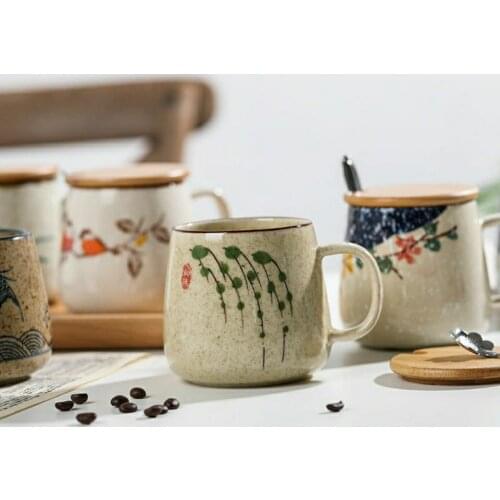 380ml Japanese spoon restoring ancient ways with cover ceramic cup and saucer set creative tea cups coarse pottery coffee bottle