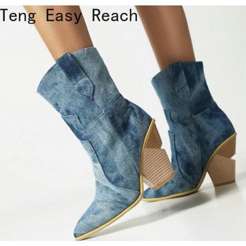 2021 Fashion Denim Western Boots Autumn Women Boots Wedges High Heel Ankle Boots Slip on Winter Plush Woman Shoes Big Size 42 43