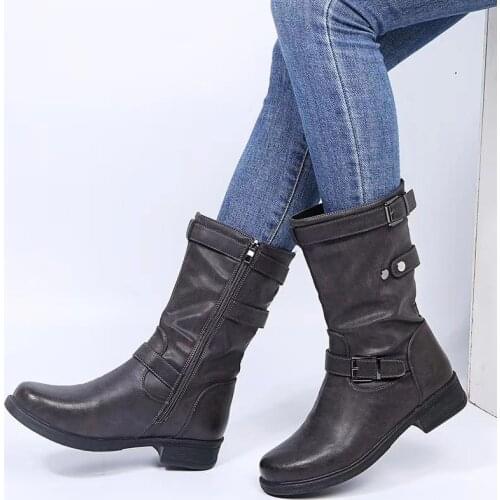 Women Buckle Mid-Calf Boots Female Low Square Heel Zipper Half Boots 2020 Woman Fall Winter Pu Flat Shoes Black Gray Size 43