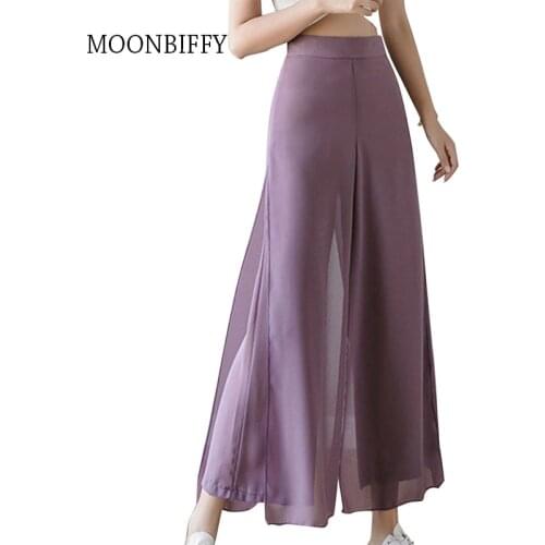 Women Ice Silks Chiffon Wide-Legged Pants Summer Casual Loose Fake Two Piece Pants Skirt Fashion Beach Pants