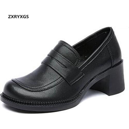 HOT 2021 New Fashion Autumn Round Toe Comfortable Genuine Leather Shoes Thick with High Heels Elegance Trendy Shoes Women Pumps