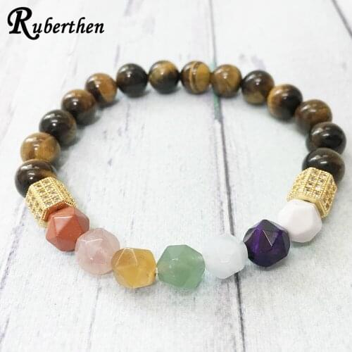 Ruberthen On Sale Women`s Yoga Bracelet Tiger Eye Diamon d Cut 7 Chakra Bracelet High Quality Stress Relief Friendship Jewelry