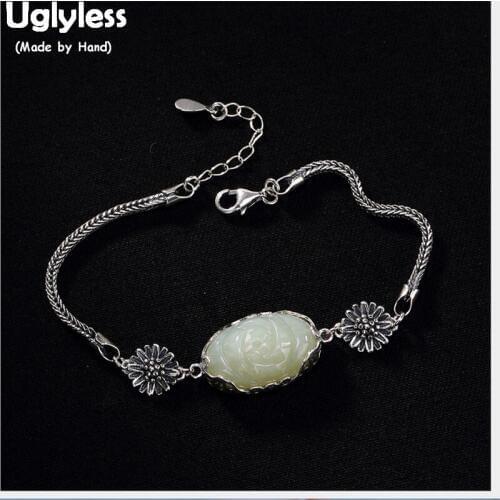 Uglyless Real Solid 925 Sterling Silver Handmade Daisy Flower Bracelets for Women Natural Jade Rose Bangles Thai Silver Jewelry