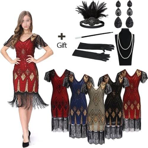 Custom Size Plus Size Womens 1920s Dress Sequin Art Deco Flapper Dress with Sleeve with Gift Headband Accessories Drop Shipping