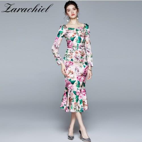 Runway Rose Floral Trumpet Pleated Satin Dress Womens Long Sleeve Square Collar Flower Print Beach Dress Female Bodycon Dress