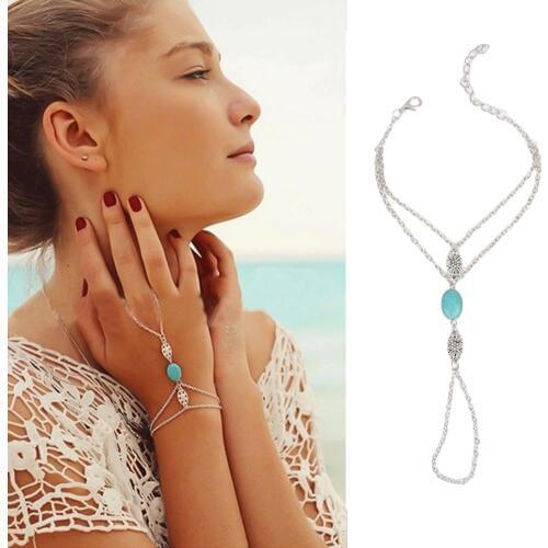 Fashion Chain Bracelet Drop Punk Silver Plated Women Metal Hand Harness Chain Green Stone Beads Slave Finger Ring Boho Jewelry