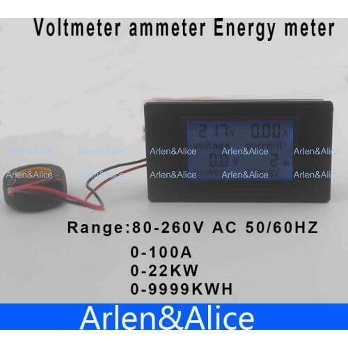 LCD 4IN1 100A Voltage current active power energy meter blue backlight panel voltmeter ammeter kwh 80-260V 50/60HZ Split CT