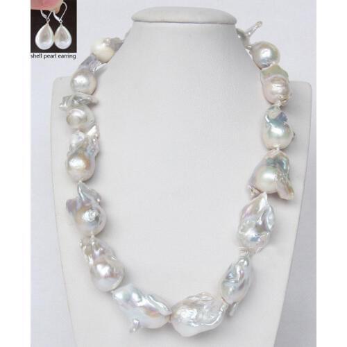 AAA natural 31mm white baroque Reborn Keshi pearls necklace earring