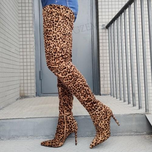 BERZIMER Women Thigh High Heels Boots Studded Leopard Stiletto Heels Faux Suede Ladies Female Shoes Woman Big Size 40 42 44 47