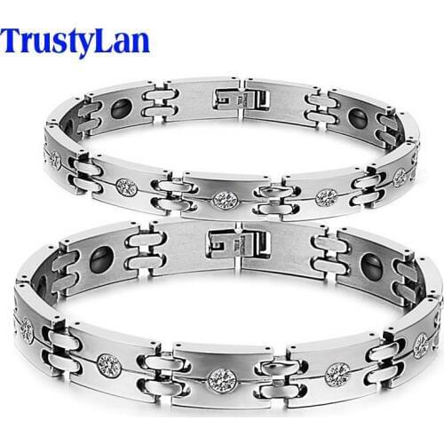 TrustyLan Fashion His And Hers Health Bracelet 10MM Wide CZ Stainless Steel Magnetic Balance Bracelet For Men Women ArmBands